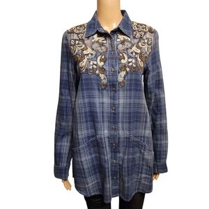 Free People Embellished Blue Plaid Buttondown Tunic Top S